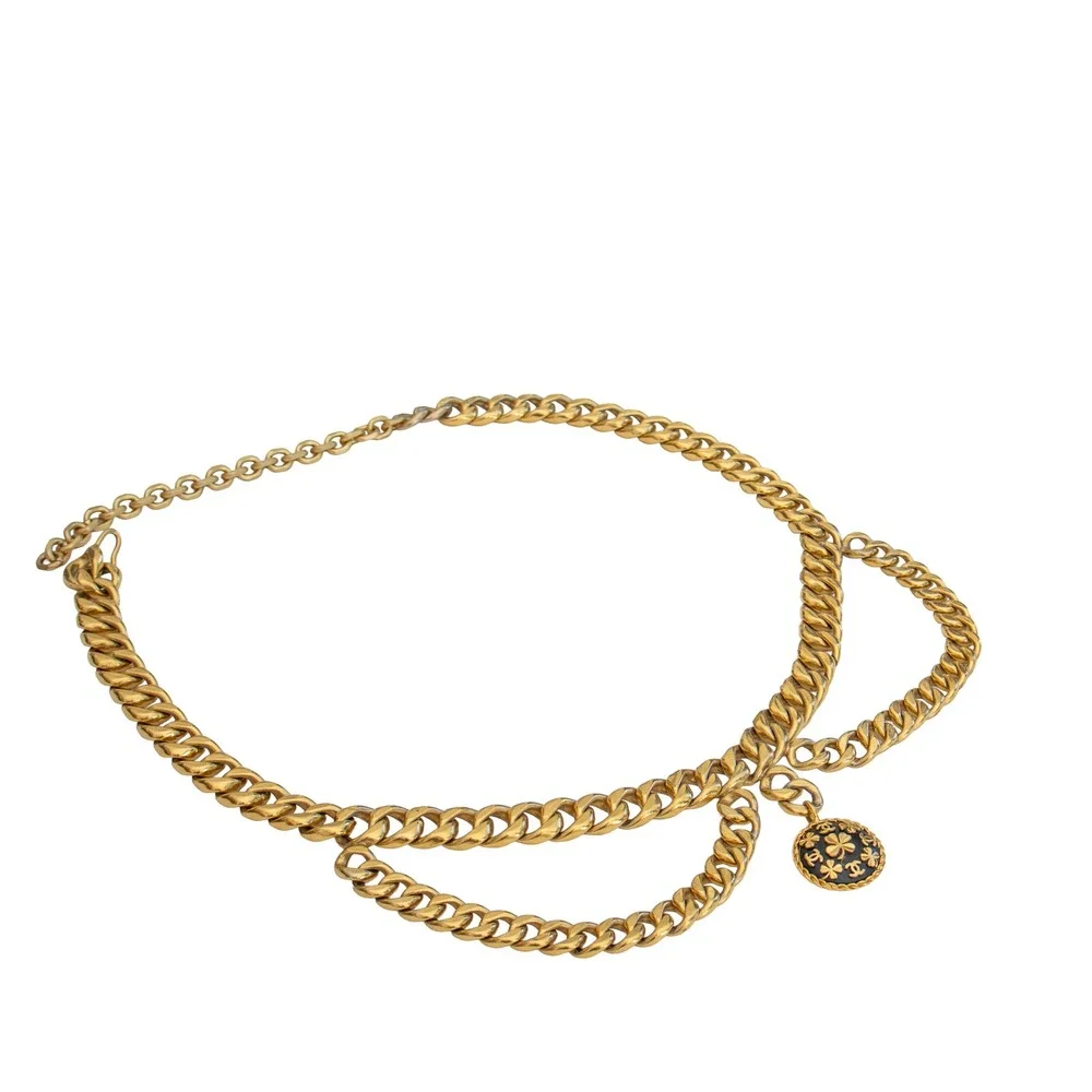 RARE Vintage Chanel Gold Tone Chain Belt CC Clover Medallion Adjustable 37